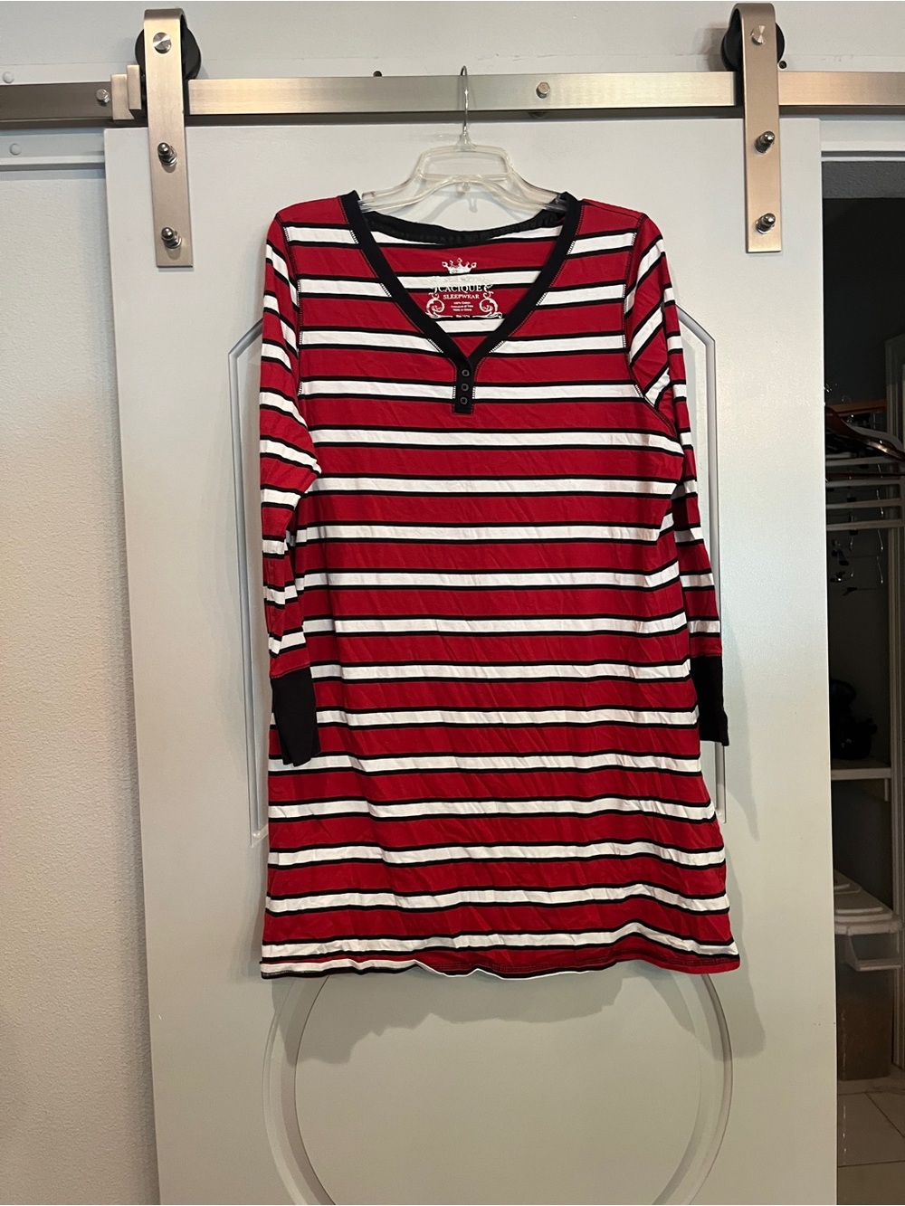 Cacique Red, White & Black Striped Long Sleeve nightshirt. Retro style stripes